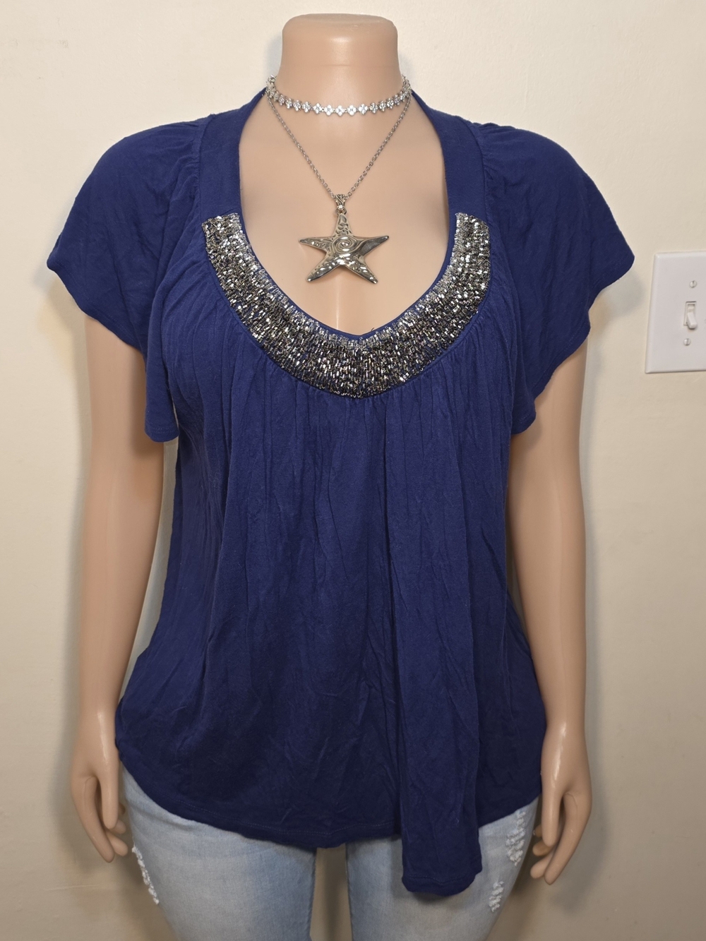 Apt. 9 Navy Blue Embellished V-Neck Top